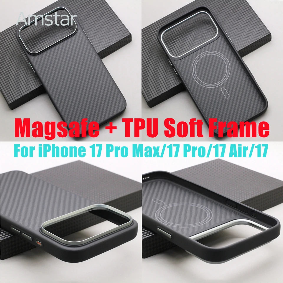 iPhone 17 Series Carbon Fiber MagSafe Case – Kevlar Aramid + Soft TPU Frame