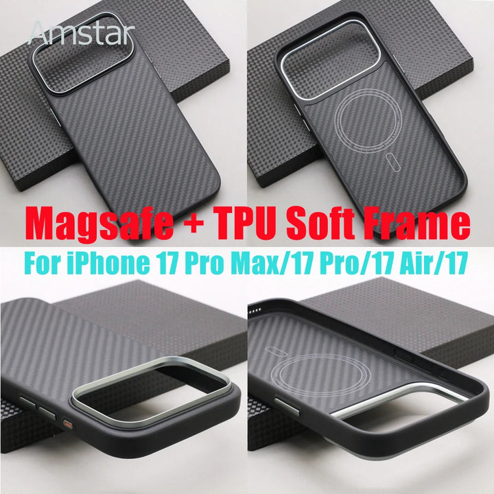 iPhone 17 Series Carbon Fiber MagSafe Case – Kevlar Aramid + Soft TPU Frame