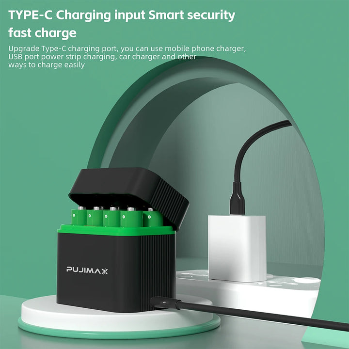 PUJIMAX 1.5V AA Rechargeable Lithium-Ion 4255mWh Batteries with Smart Charger – 2 or 4 Pack