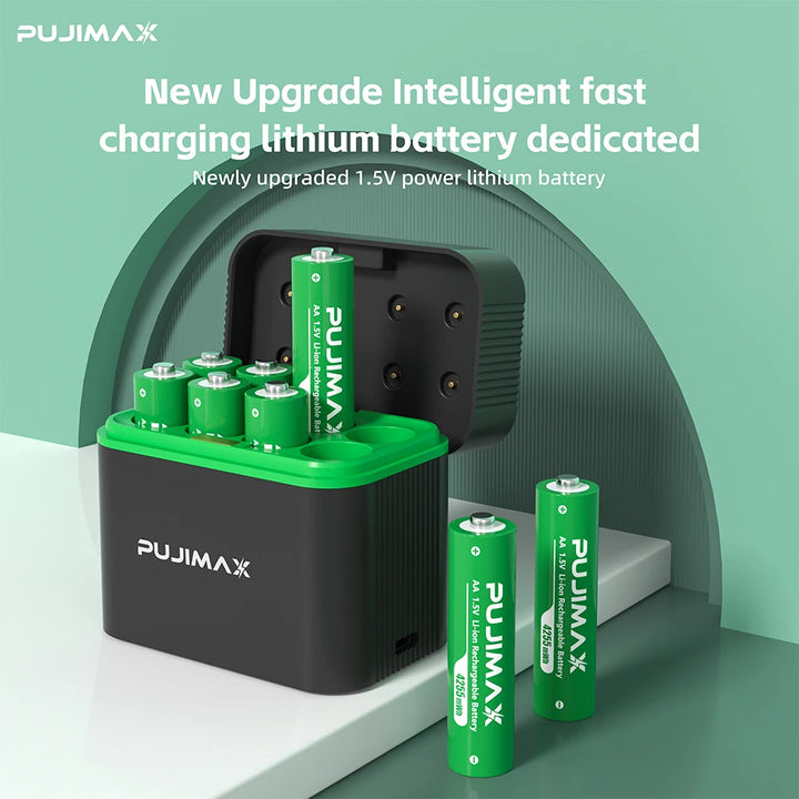 PUJIMAX 1.5V AA Rechargeable Lithium-Ion 4255mWh Batteries with Smart Charger – 2 or 4 Pack