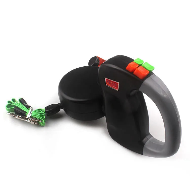 Retractable dog leash with dual control featuring adjustable length and ergonomic grip for comfortable walks.