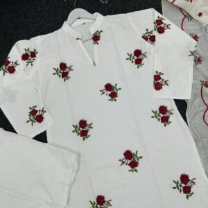 White Fairy Red Rose Embroidered Three-Piece Suit for Women with VIP Cotton Kameez, Indian Butter Silk Salwar, and Rayon Silk Dupatta.