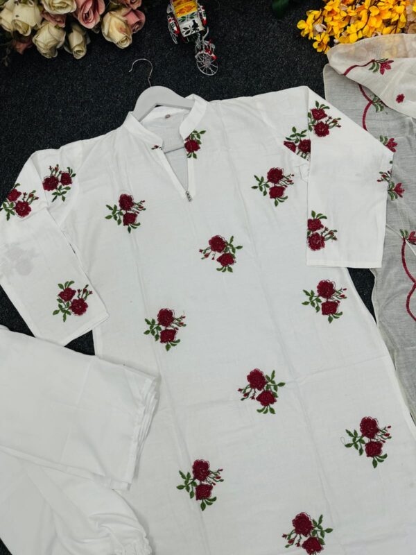 White Fairy Red Rose Embroidered Three-Piece Suit for Women with VIP Cotton Kameez, Indian Butter Silk Salwar, and Rayon Silk Dupatta.