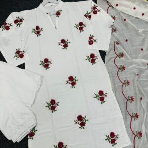 White Fairy Red Rose Embroidered Three-Piece Suit for Women with VIP Cotton Kameez, Indian Butter Silk Salwar, and Rayon Silk Dupatta.