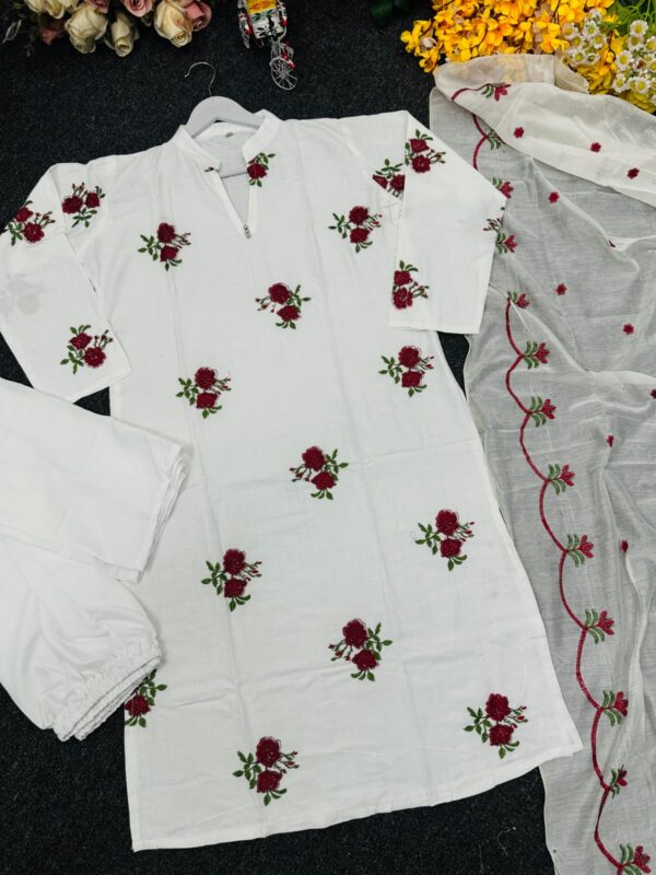 White Fairy Red Rose Embroidered Three-Piece Suit for Women with VIP Cotton Kameez, Indian Butter Silk Salwar, and Rayon Silk Dupatta.