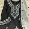 Pakistani Chikankari three-piece set featuring an embroidered top, TC cotton salwar, and lustrous rayon silk dupatta with heavy embroidery and contrasting border